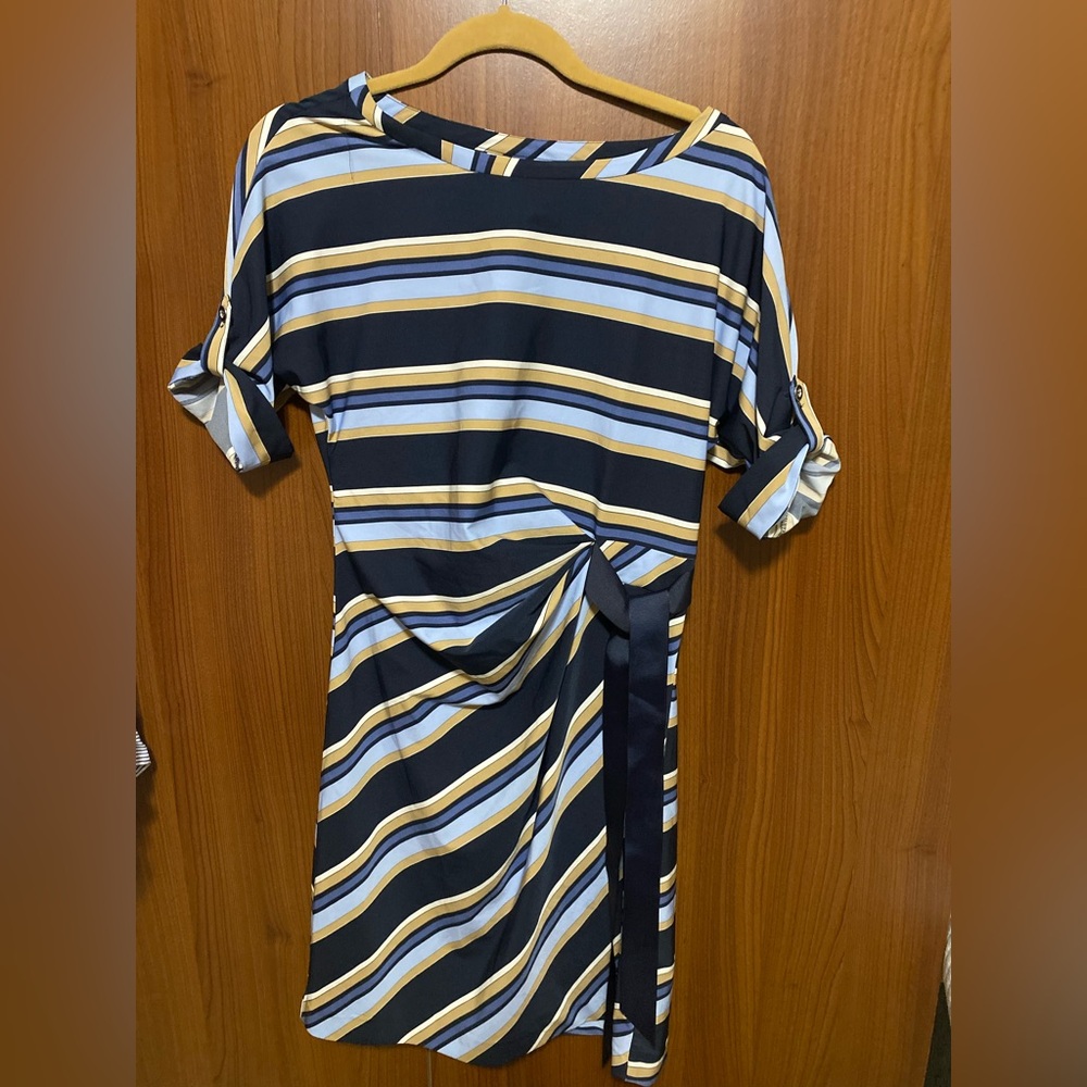 New York & Company Asymmetrical Striped Vintage Dress -Navy, Light Blue, and Tan